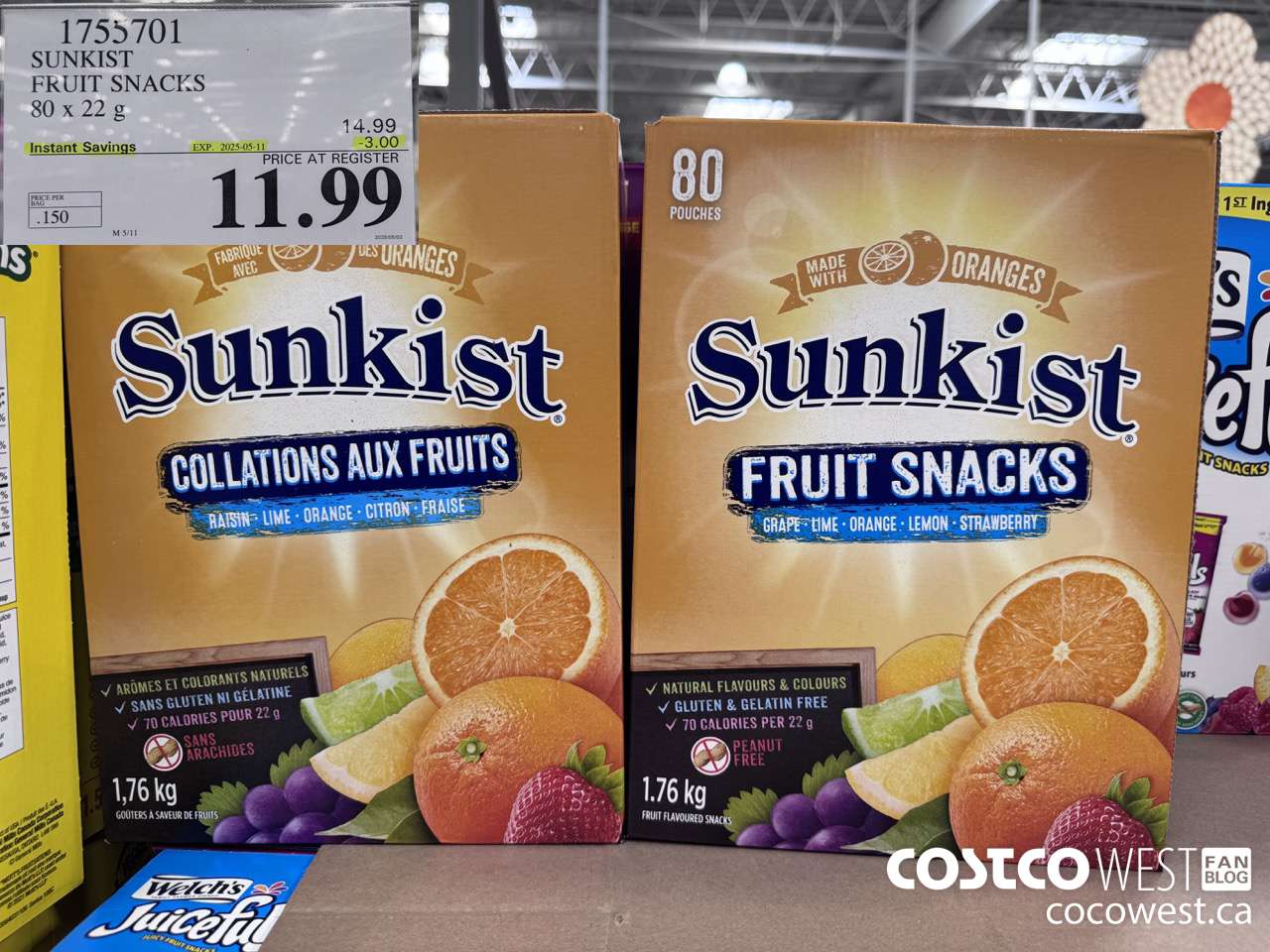 1755701 SUNKIST FRUIT SNACKS 80 X 22 G ($3.00 INSTANT SAVINGS EXPIRES ON 2025-05-11) $11.99