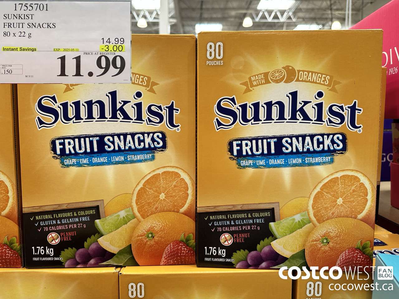 1755701 SUNKIST FRUIT SNACKS 80 X 22 G ($3.00 INSTANT SAVINGS EXPIRES ON 2025-05-11) $11.99