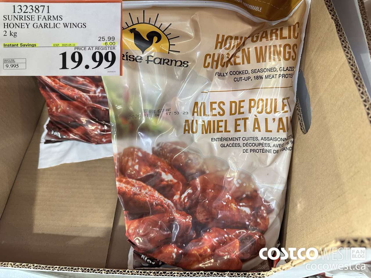 1323871 SUNRISE FARMS HONEY GARLIC WINGS 2 kg ($6.00 INSTANT SAVINGS EXPIRES ON 2025-05-11) $19.99