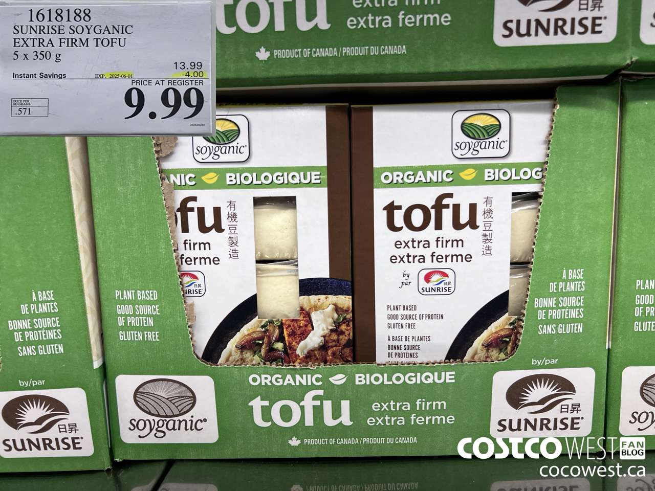 1618188 SUNRISE SOYGANIC EXTRA FIRM TOFU 5 X 350G ($4.00 INSTANT SAVINGS EXPIRES ON 2025-06-01) $9.99