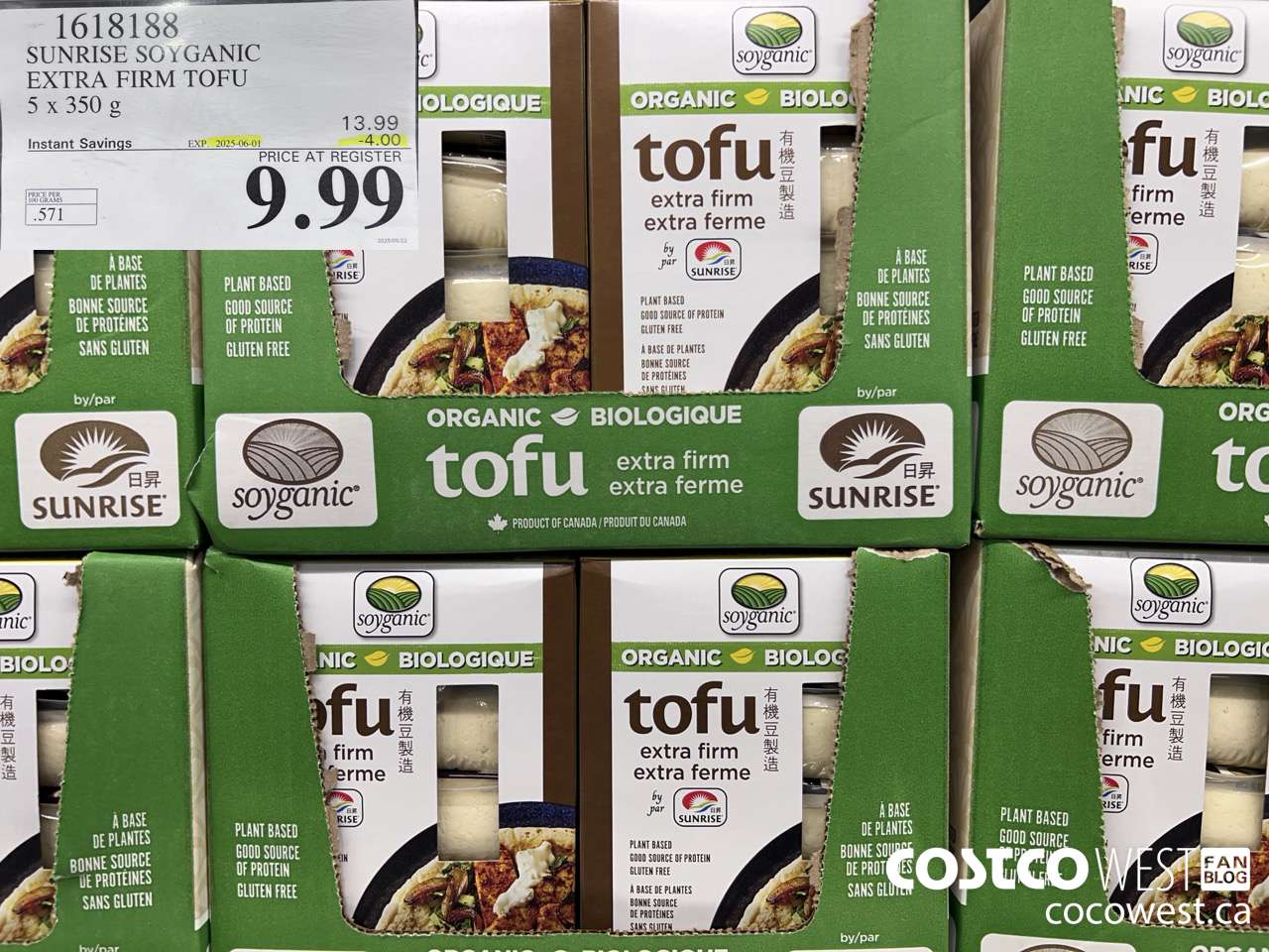 1618188 SUNRISE SOYGANIC EXTRA FIRM TOFU 5 X 350G ($4.00 INSTANT SAVINGS EXPIRES ON 2025-06-01) $9.99