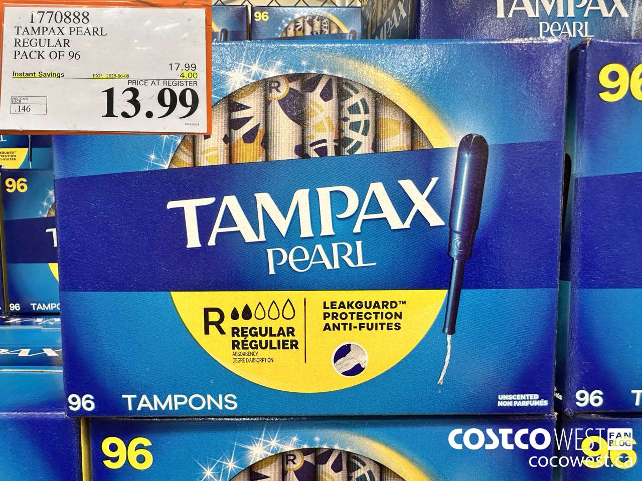 1770888 TAMPAX PEARL REGULAR PACK OF 96 ($4.00 INSTANT SAVINGS EXPIRES ON 2025-06-08) $13.99