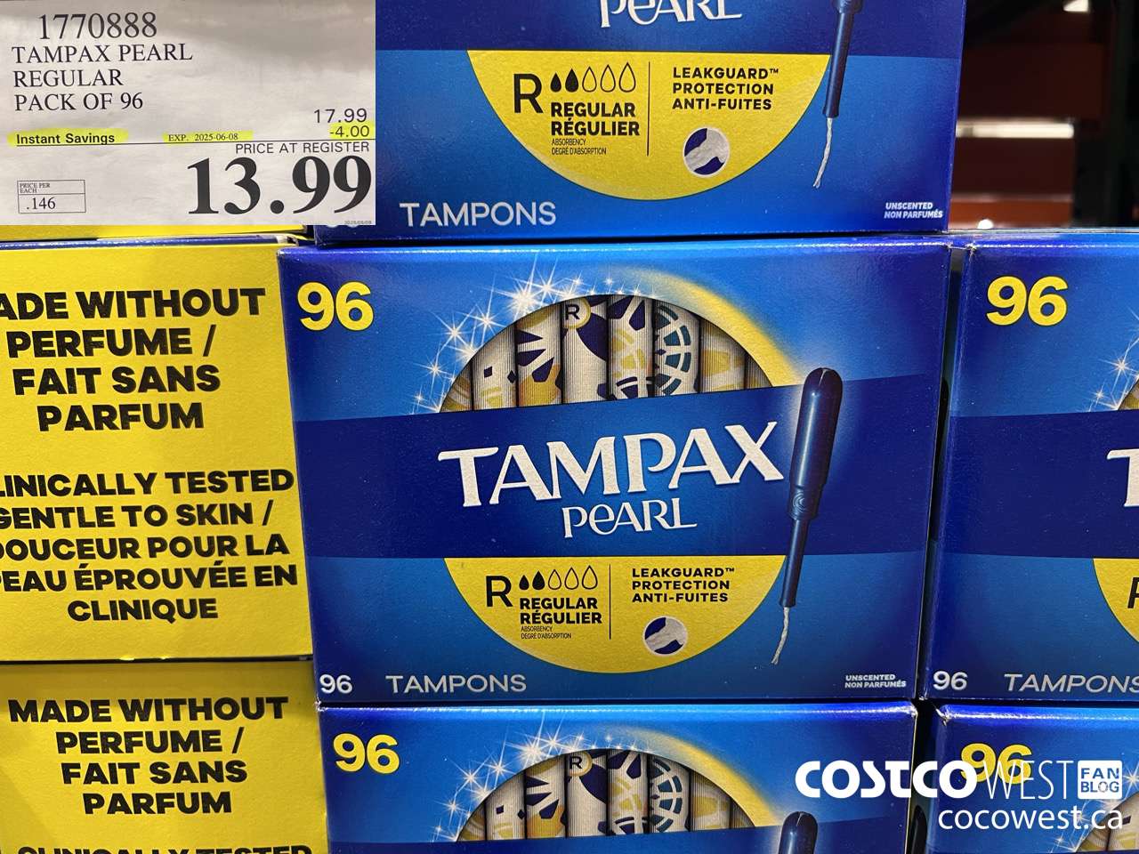 1770888 TAMPAX PEARL REGULAR PACK OF 96 ($4.00 INSTANT SAVINGS EXPIRES ON 2025-06-08) $13.99