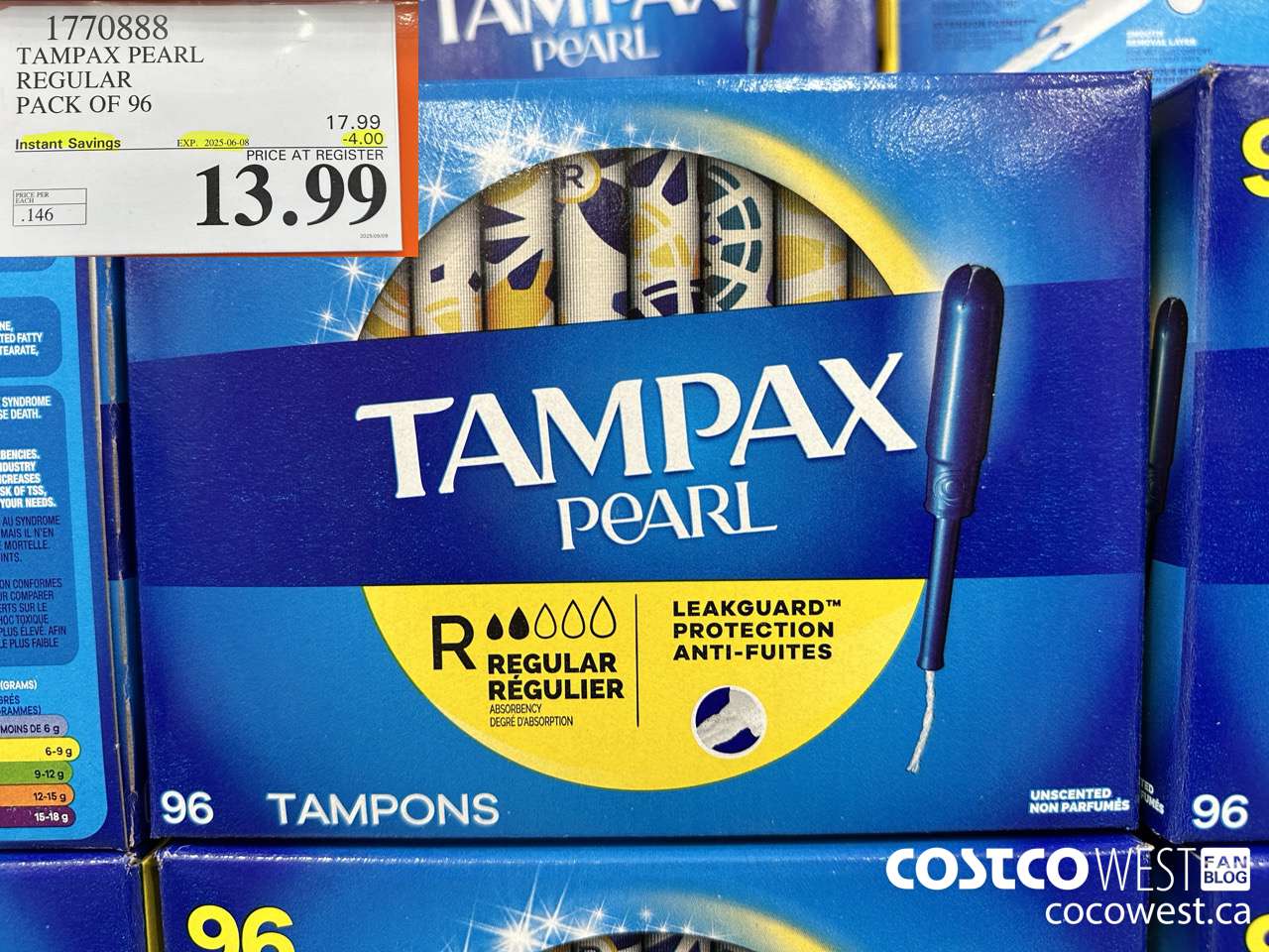 1770888 TAMPAX PEARL REGULAR PACK OF 96 ($4.00 INSTANT SAVINGS EXPIRES ON 2025-06-08) $13.99