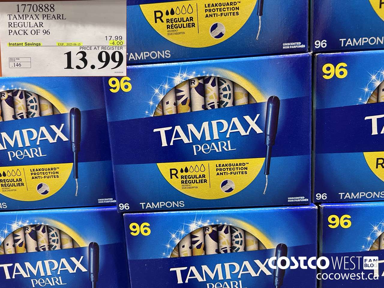 1770888 TAMPAX PEARL REGULAR PACK OF 96 ($4.00 INSTANT SAVINGS EXPIRES ON 2025-06-15) $13.99