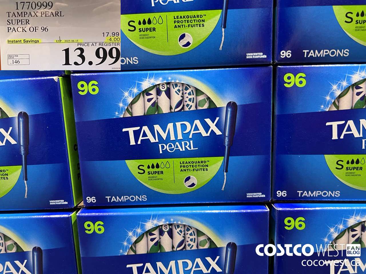 1770999 TAMPAX PEARL SUPER PACK OF 96 ($4.00 INSTANT SAVINGS EXPIRES ON 2025-06-15) $13.99
