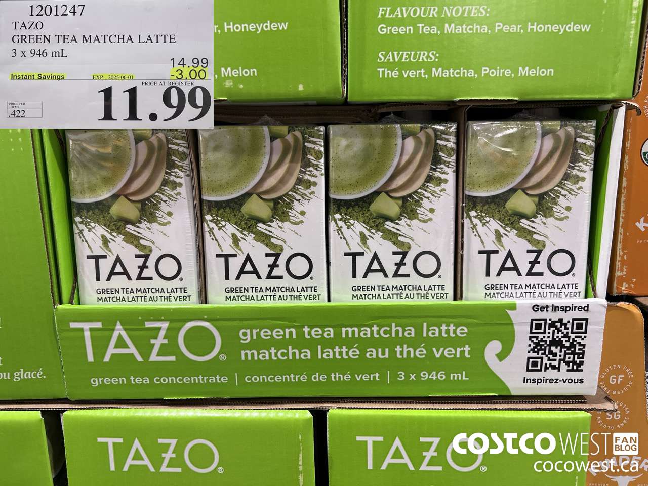 1201247 TAZO GREEN TEA MATCHA LATTE 3 X 946 ML ($3.00 INSTANT SAVINGS EXPIRES ON 2025-06-01) $11.99