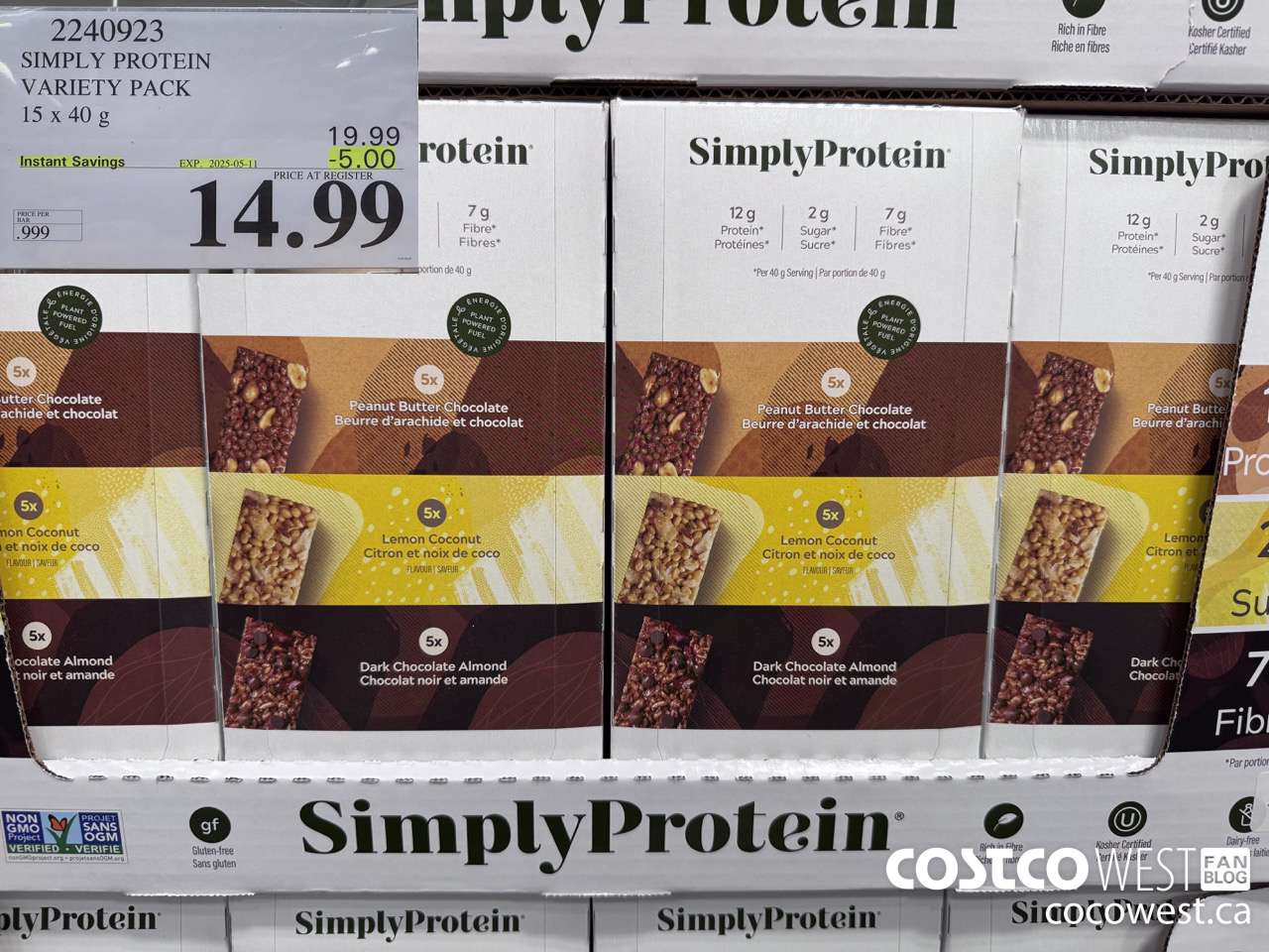 2240923 THE SIMPLY BAR PROTEIN BARS 15 x 40 g ($5.00 INSTANT SAVINGS EXPIRES ON 2025-05-11) $14.99