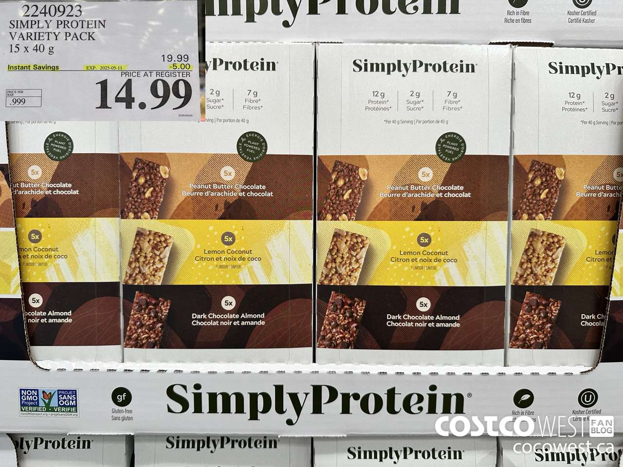 2240923 THE SIMPLY BAR PROTEIN BARS 15 x 40 g ($5.00 INSTANT SAVINGS EXPIRES ON 2025-05-11) $14.99