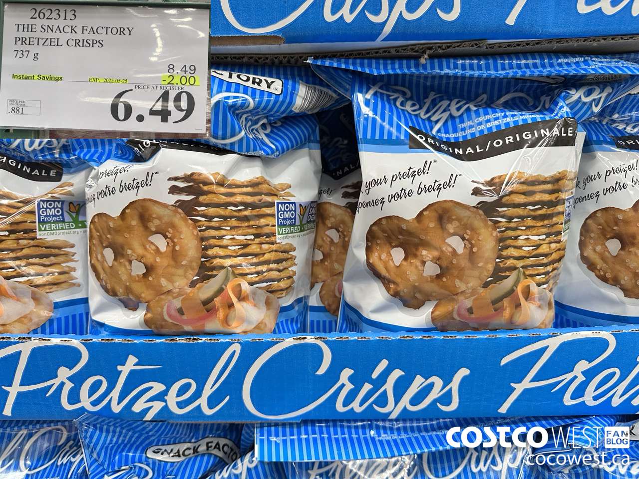 262313 THE SNACK FACTORY PRETZEL CRISPS 737 g ($2.00 INSTANT SAVINGS EXPIRES ON 2025-05-25) $6.49