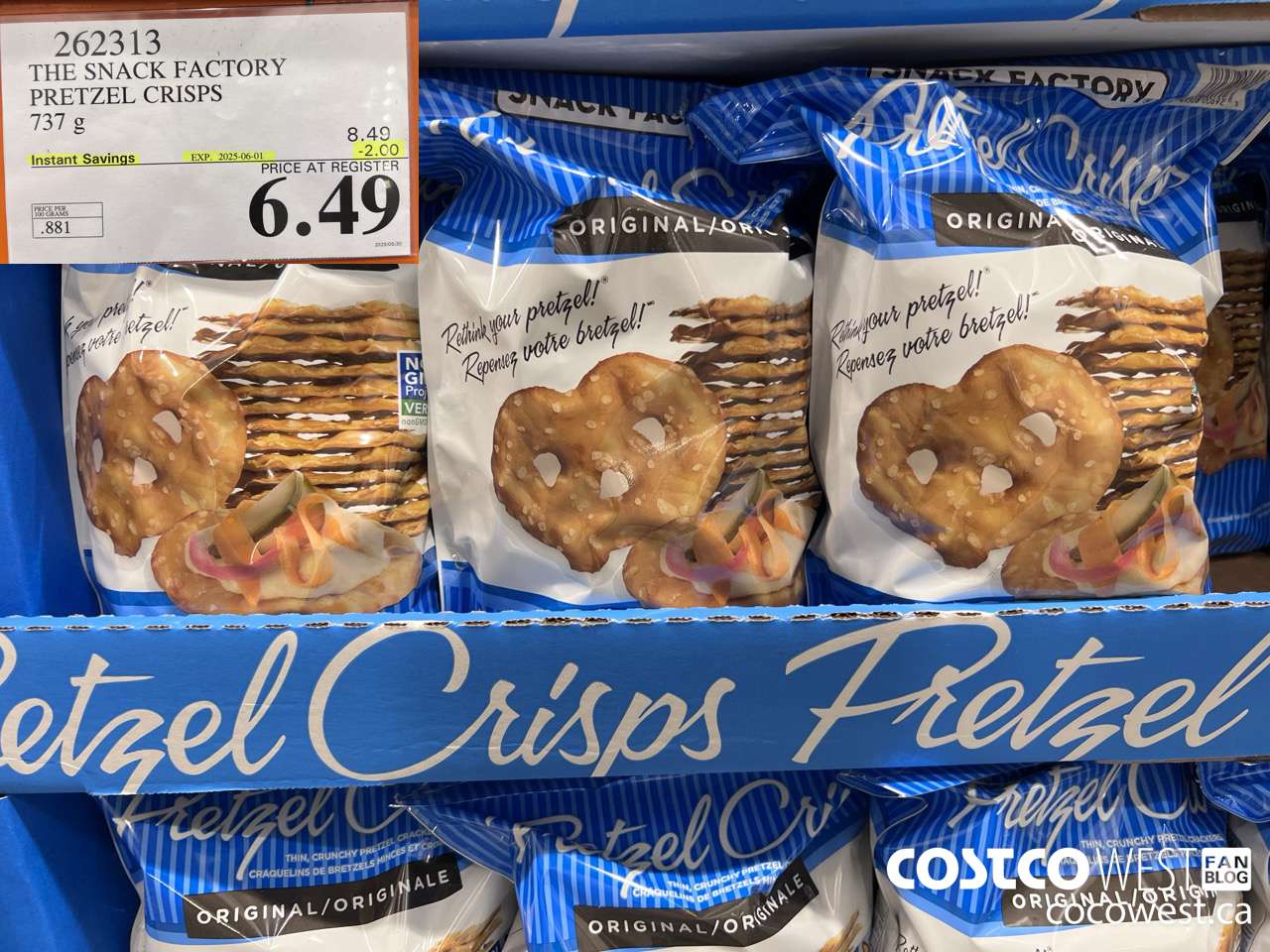 262313 THE SNACK FACTORY PRETZEL CRISPS 737 g ($2.00 INSTANT SAVINGS EXPIRES ON 2025-06-01) $6.49