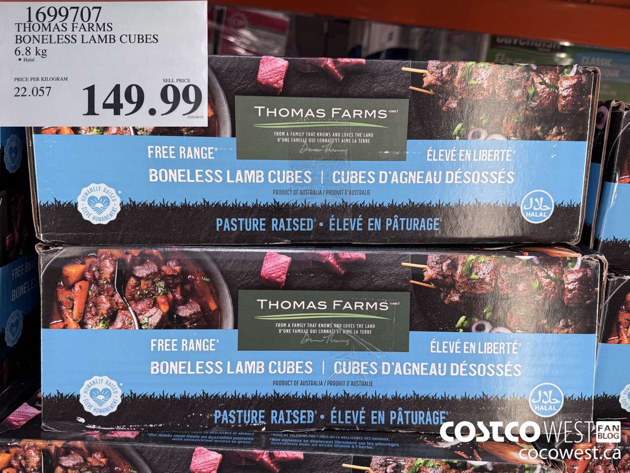 1699707 THOMAS FARMS BONELESS LAMB CUBES 6.8KG $149.99