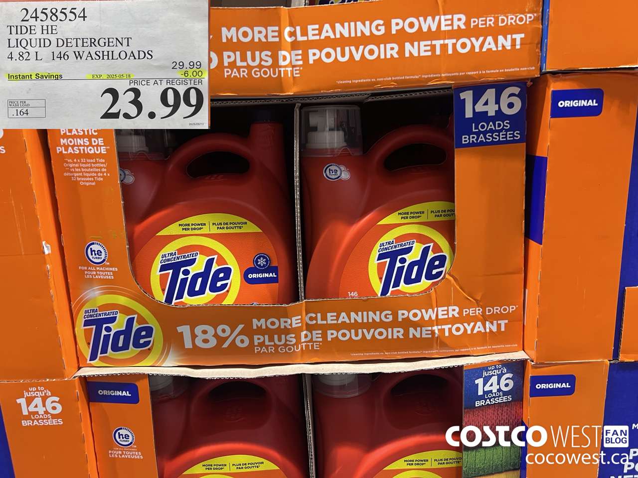 2458554 TIDE HE LIQUID DETERGENT 4.82 L 146 WASHLOADS ($6.00 INSTANT SAVINGS EXPIRES ON 2025-05-18) $23.99