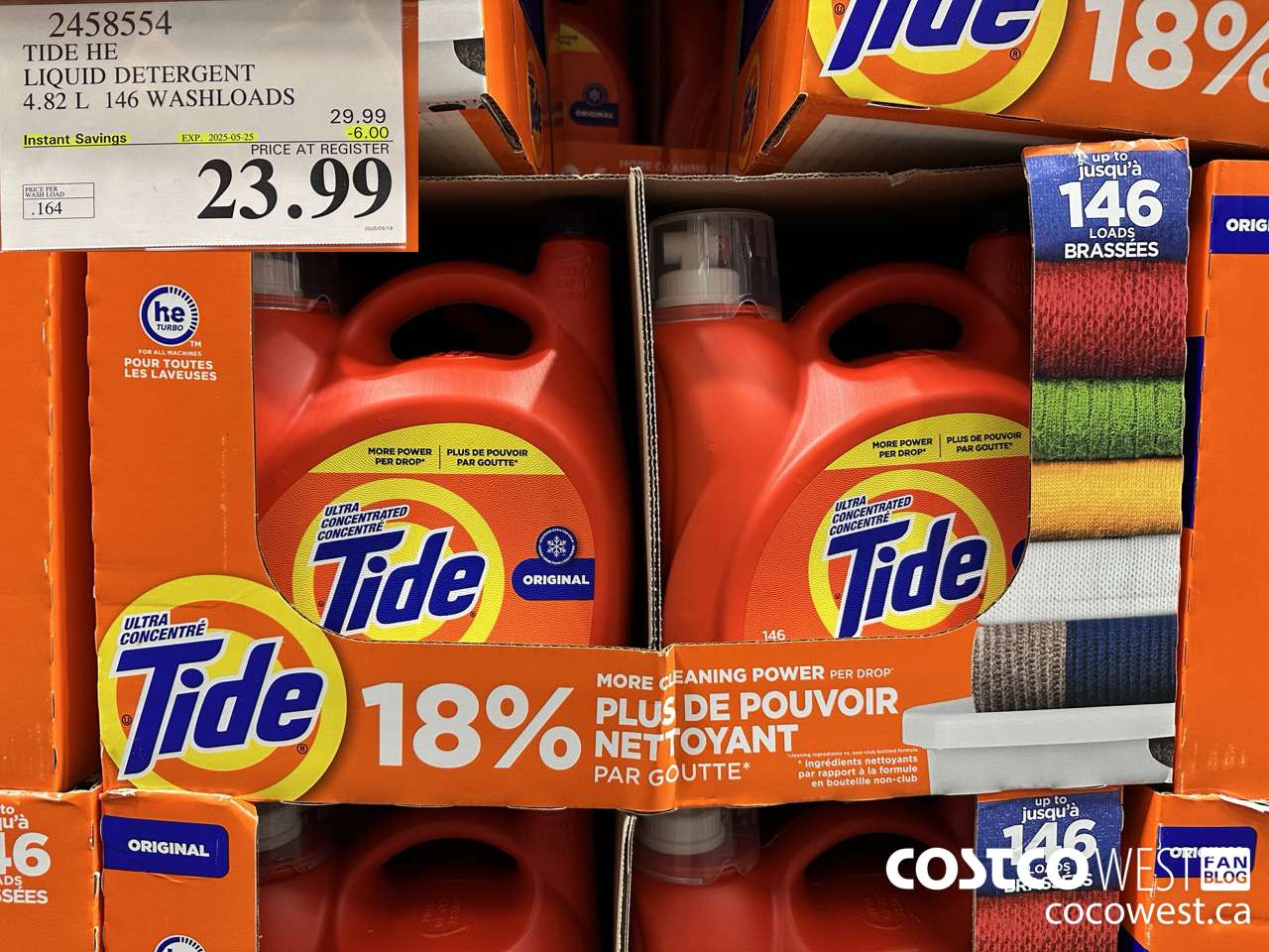 2458554 TIDE HE LIQUID DETERGENT 4.82 L 146 WASHLOADS ($6.00 INSTANT SAVINGS EXPIRES ON 2025-05-25) $23.99