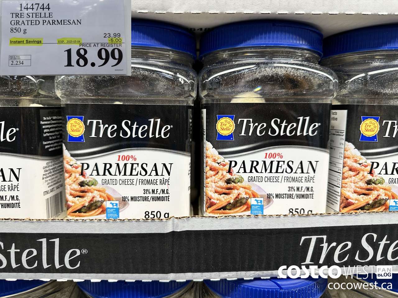 144744 TRE STELLE GRATED PARMESAN 850 g ($5.00 INSTANT SAVINGS EXPIRES ON 2025-05-04) $18.99