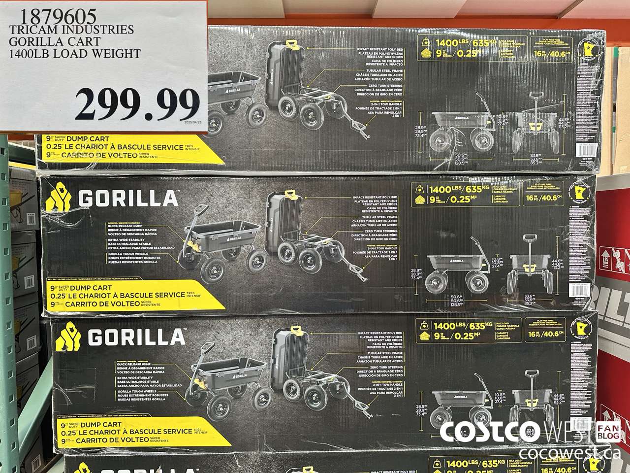 1879605 TRICAM INDUSTRIES GORILLA CART 1400LB LOAD WEIGHT $299.99