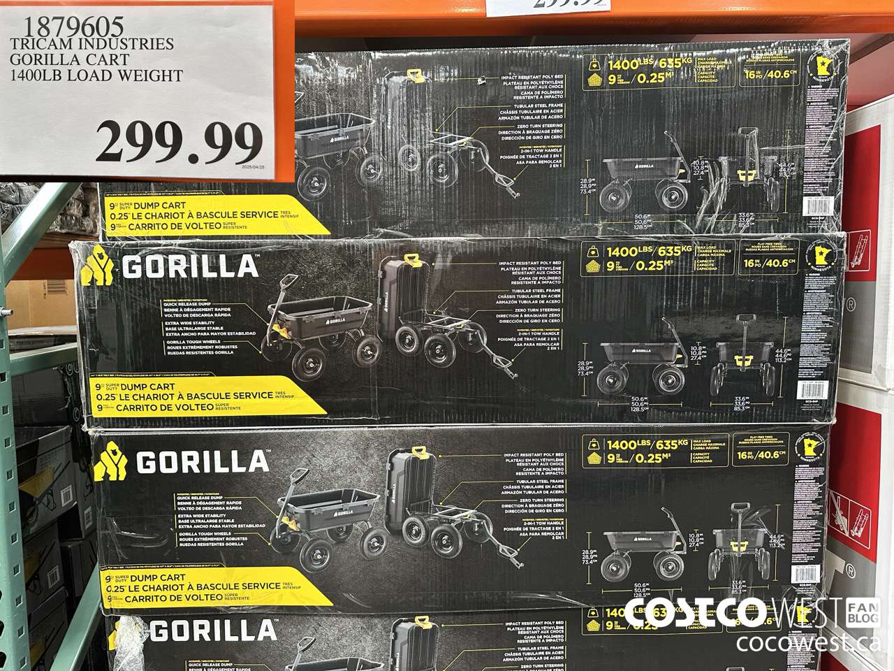 1879605 TRICAM INDUSTRIES GORILLA CART 1400LB LOAD WEIGHT $299.99