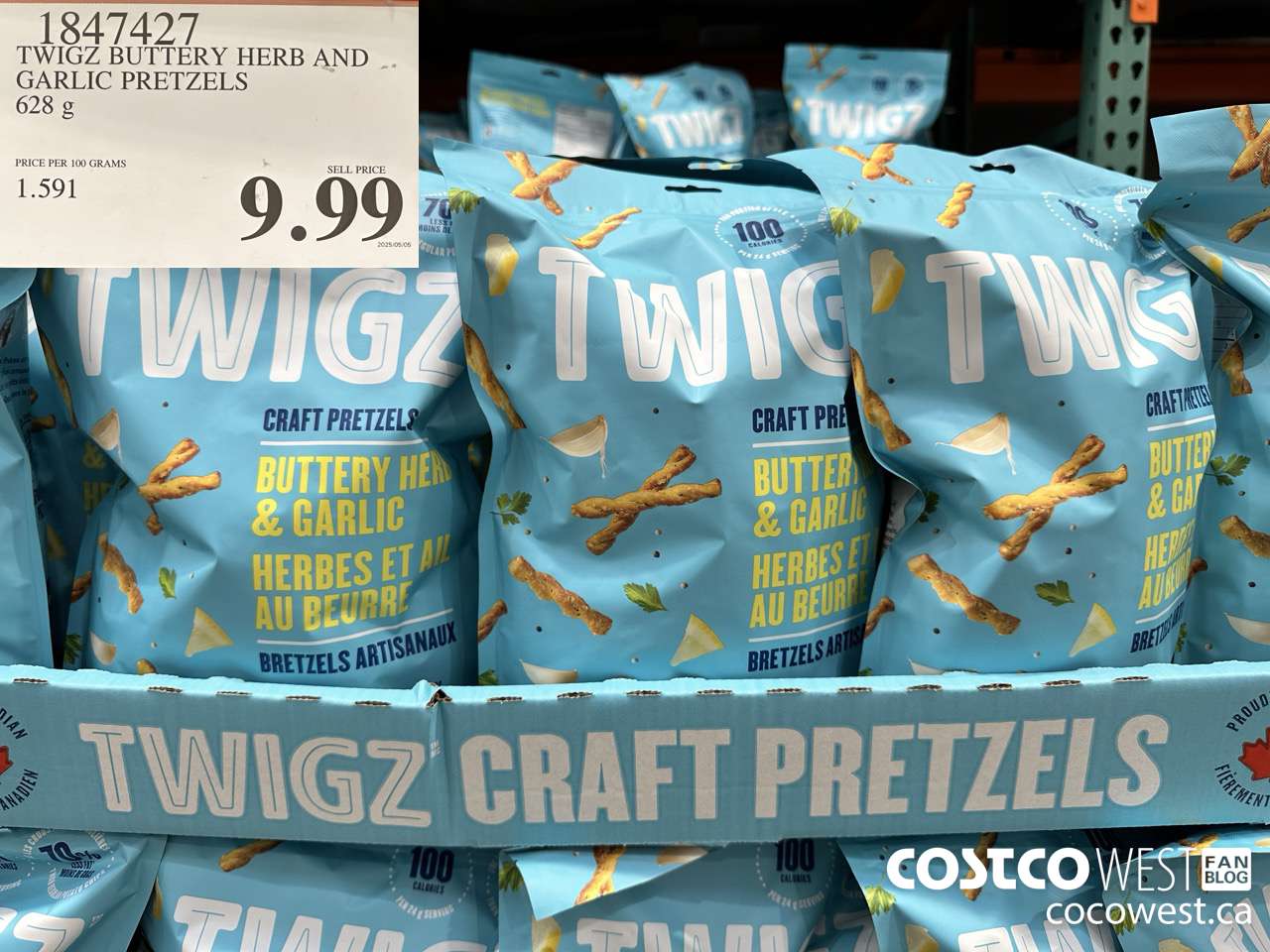 1847427 TWIGZ BUTTERY HERB AND GARLIC PRETZELS 628G $9.99