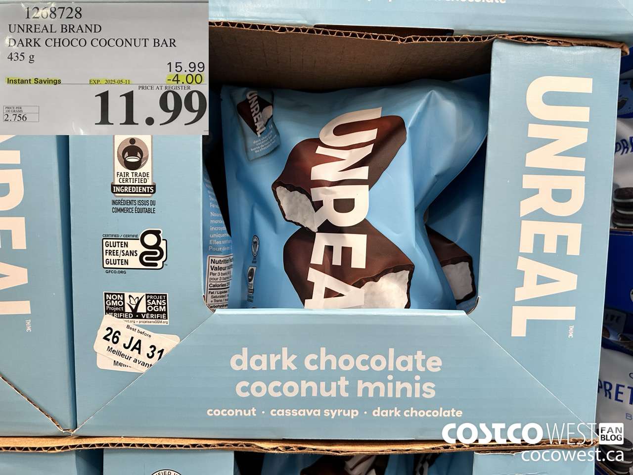 1268728 UNREAL DARK CHOCOLATE COCONUT BAR 435 G ($4.00 INSTANT SAVINGS EXPIRES ON 2025-05-11) $11.99