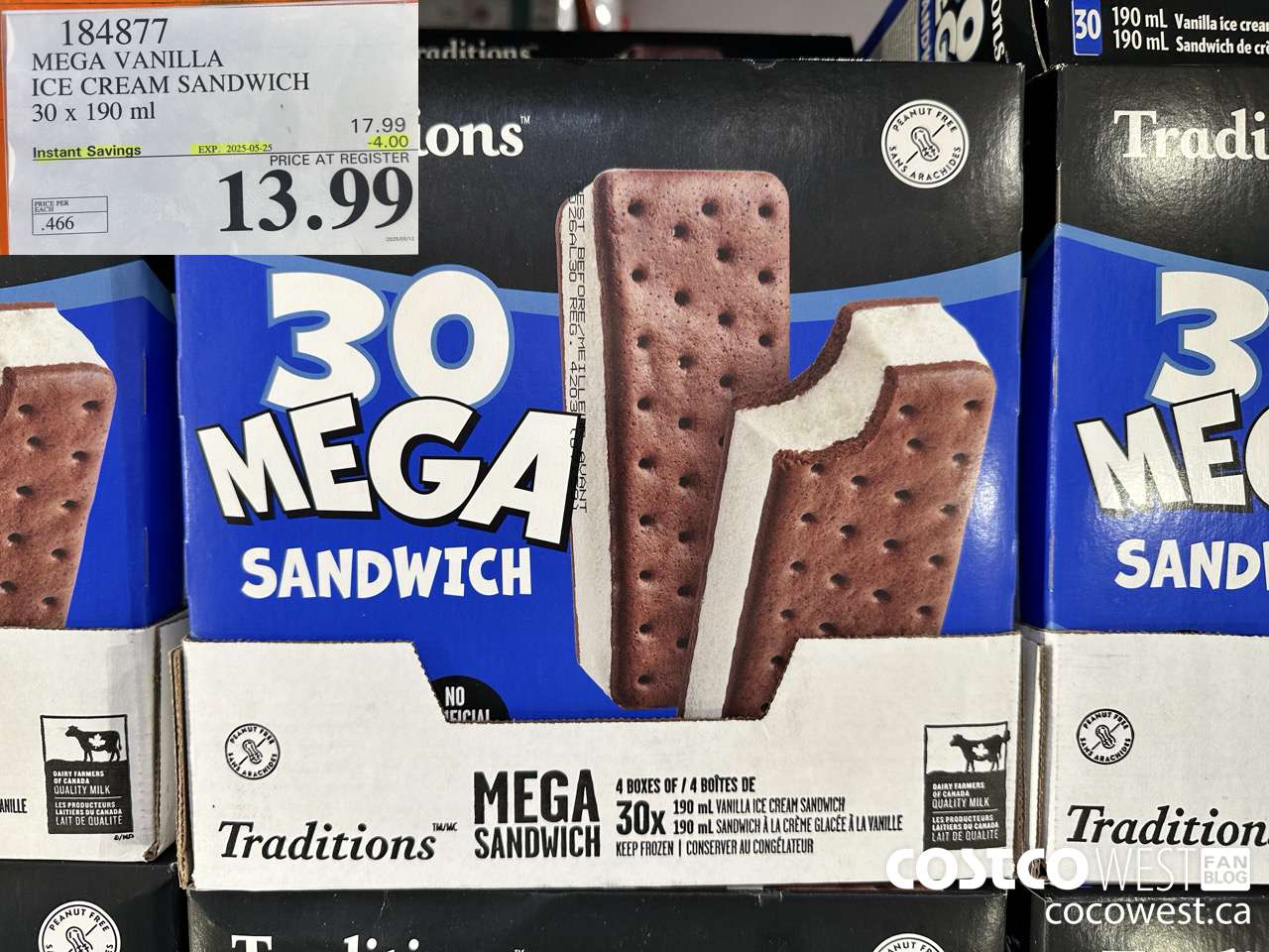 184877 VANILLA MEGA ICE CREAM SANDWICH 30 X 190 ML ($4.00 INSTANT SAVINGS EXPIRES ON 2025-05-25) $13.99