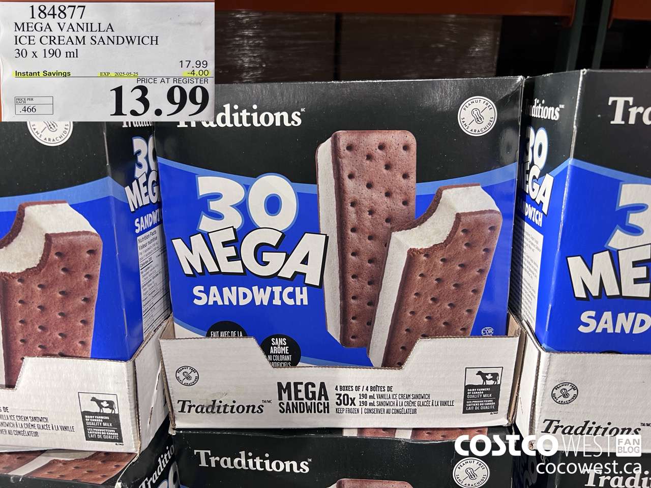 184877 VANILLA MEGA ICE CREAM SANDWICH 30 X 190 ML ($4.00 INSTANT SAVINGS EXPIRES ON 2025-05-25) $13.99