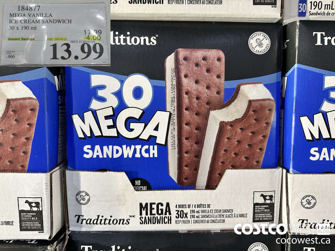 184877 VANILLA MEGA ICE CREAM SANDWICH 30 X 190 ML ($4.00 INSTANT SAVINGS EXPIRES ON 2025-05-25) $13.99