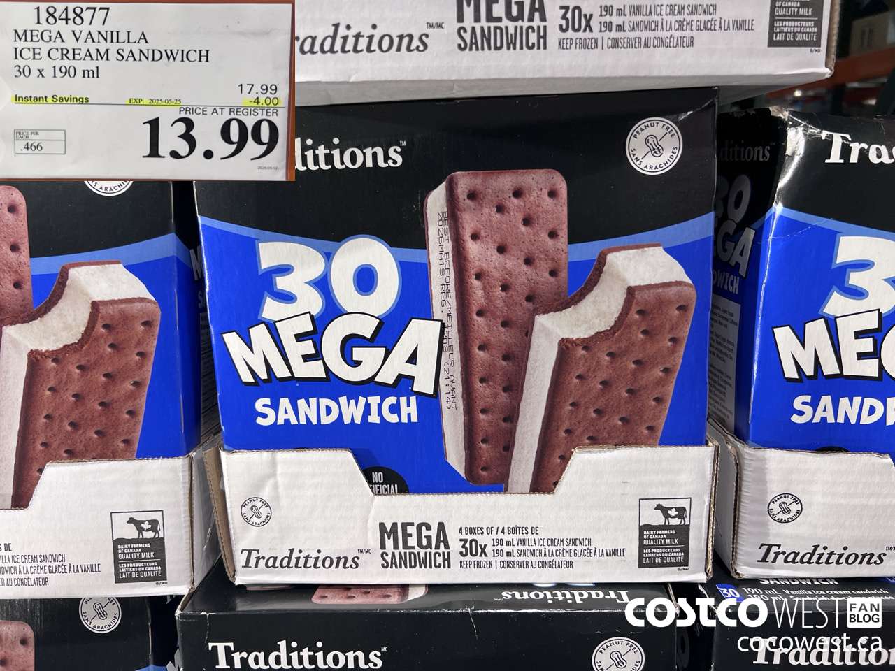 184877 VANILLA MEGA ICE CREAM SANDWICH 30 X 190 ML ($4.00 INSTANT SAVINGS EXPIRES ON 2025-05-25) $13.99