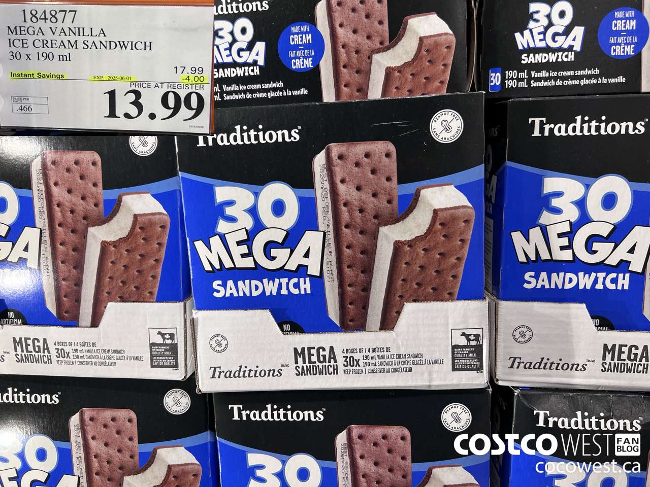 184877 VANILLA MEGA ICE CREAM SANDWICH 30 X 190 ML ($4.00 INSTANT SAVINGS EXPIRES ON 2025-06-01) $13.99