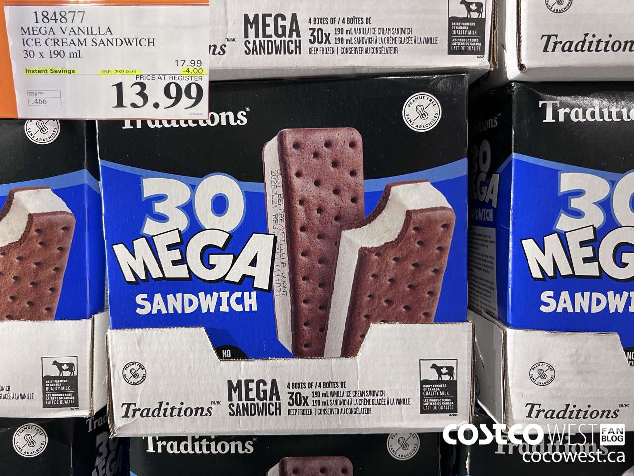 184877 VANILLA MEGA ICE CREAM SANDWICH 30 X 190 ML ($4.00 INSTANT SAVINGS EXPIRES ON 2025-06-01) $13.99