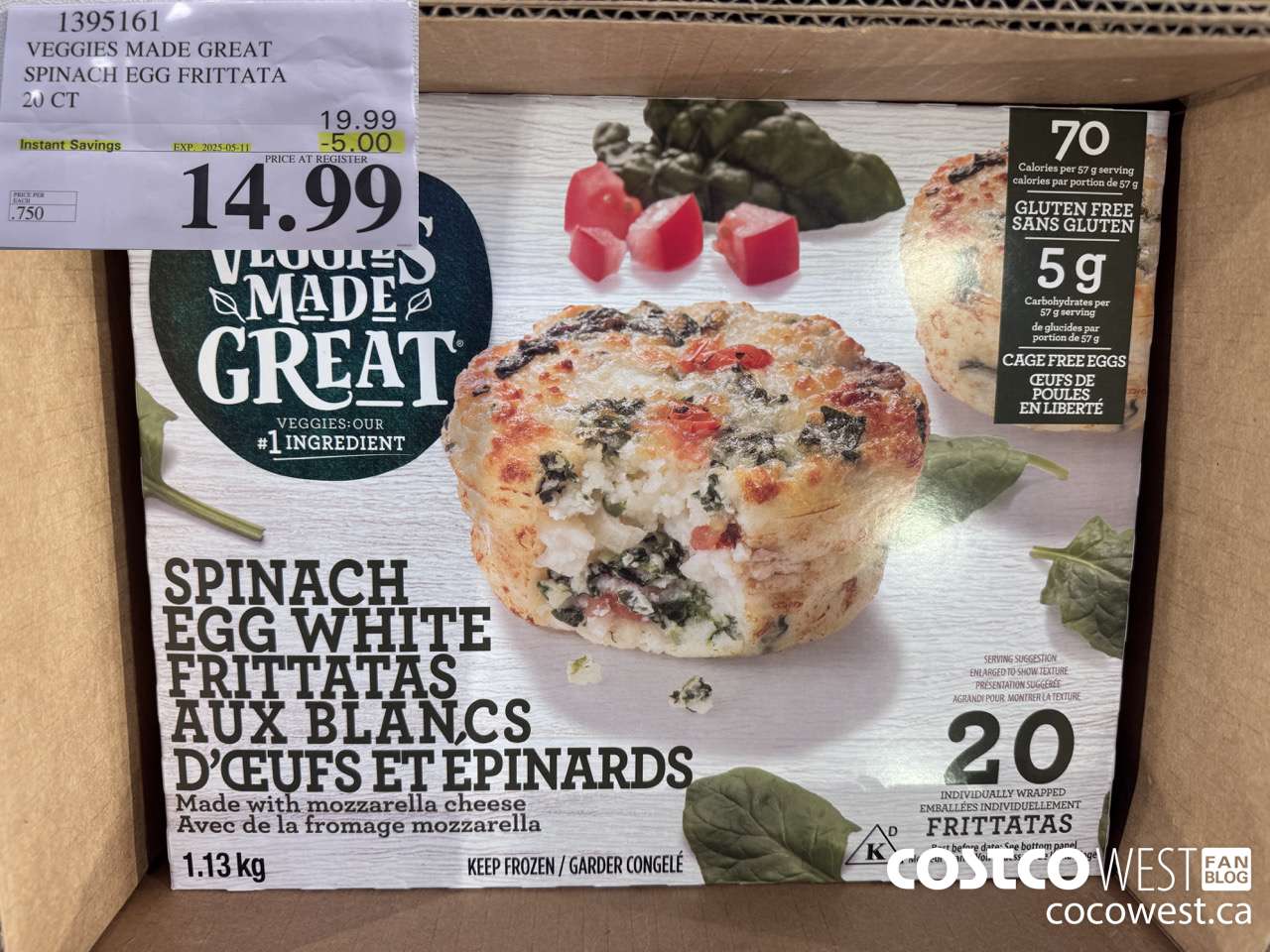 1395161 VEGGIES MADE GREAT SPINACH EGG FRITTATA 20 PK ($5.00 INSTANT SAVINGS EXPIRES ON 2025-05-11) $14.99