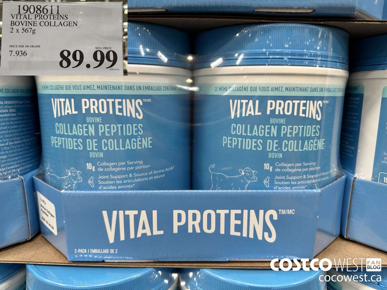 1908611 VITAL PROTEINS BOVINE COLLAGEN 2 X 567G $89.99