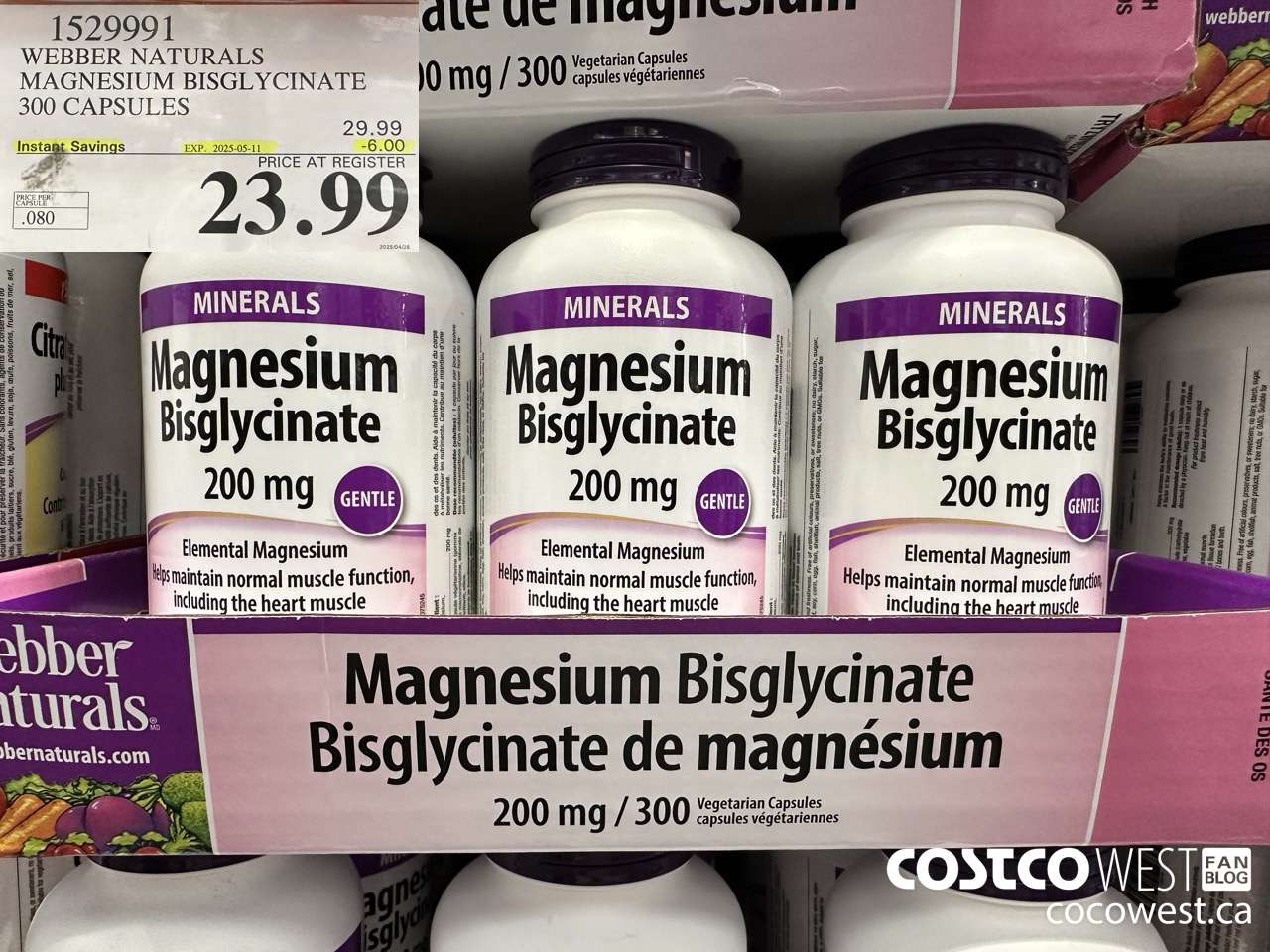 1529991 WEBBER NATURALS MAGNESIUM BISGLYCINATE 200MG 300 CAPSULES ($6.00 INSTANT SAVINGS EXPIRES ON 2025-05-11) $23.99