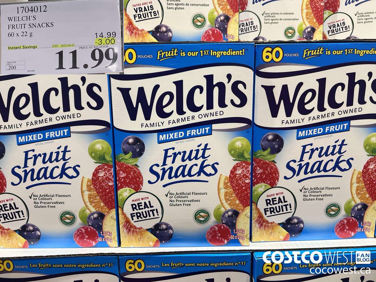 1704012 WELCH'S FRUIT SNACKS 60 X 22 G ($3.00 INSTANT SAVINGS EXPIRES ON 2025-06-01) $11.99