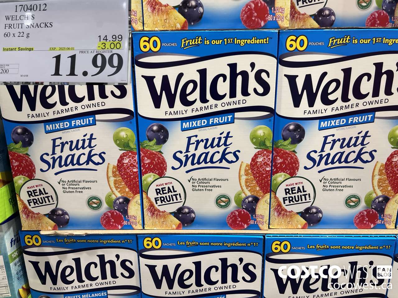 1704012 WELCH'S FRUIT SNACKS 60 X 22 G ($3.00 INSTANT SAVINGS EXPIRES ON 2025-06-01) $11.99
