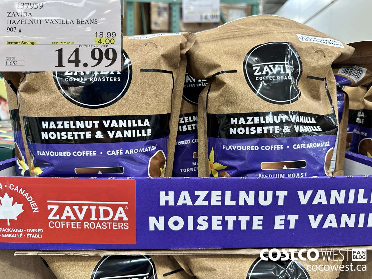 137959 ZAVIDA HAZELNUT VANILLA BEANS 907 g ($4.00 INSTANT SAVINGS EXPIRES ON 2025-05-11) $14.99