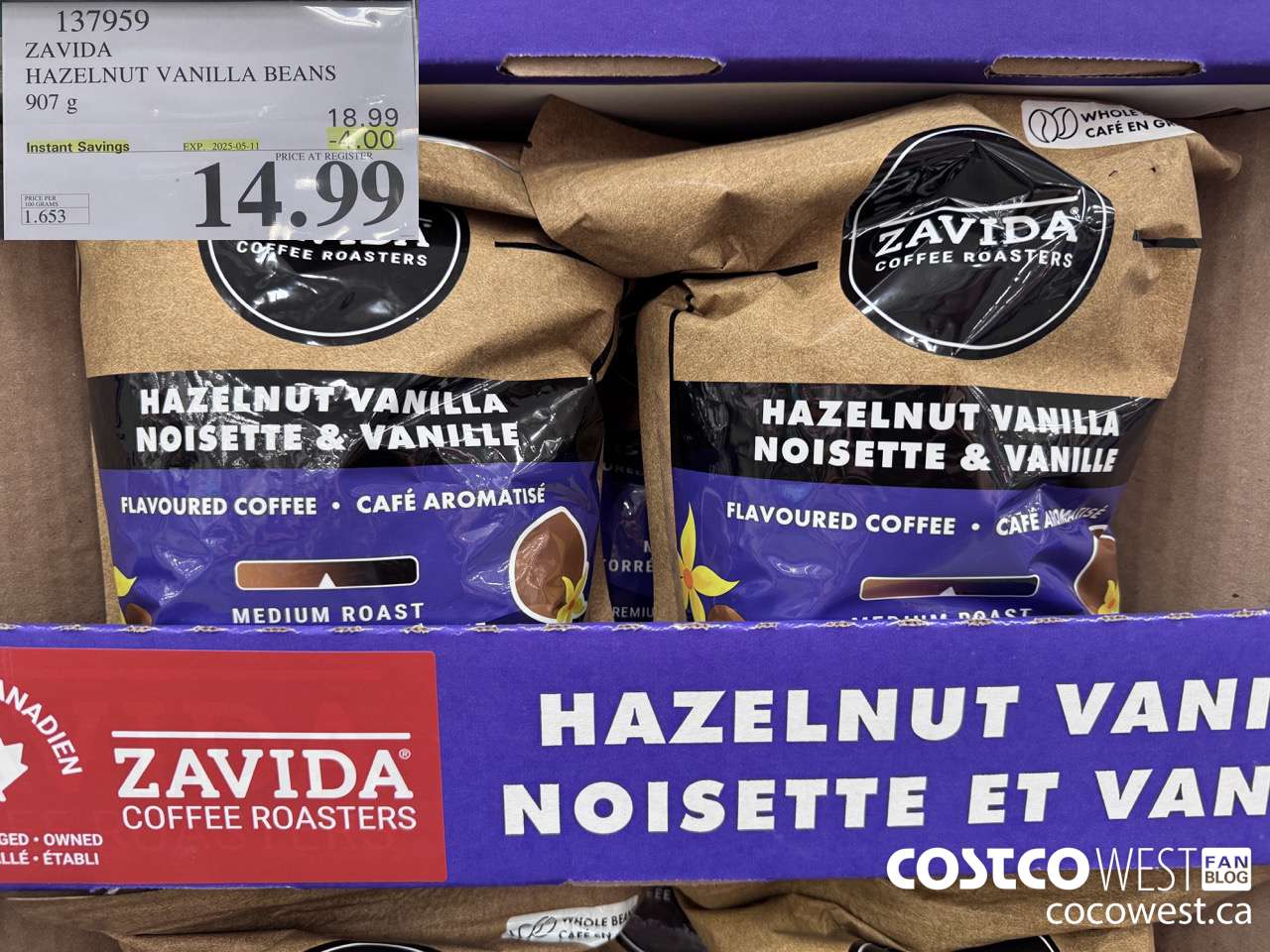 137959 ZAVIDA HAZELNUT VANILLA BEANS 907 g ($4.00 INSTANT SAVINGS EXPIRES ON 2025-05-11) $14.99