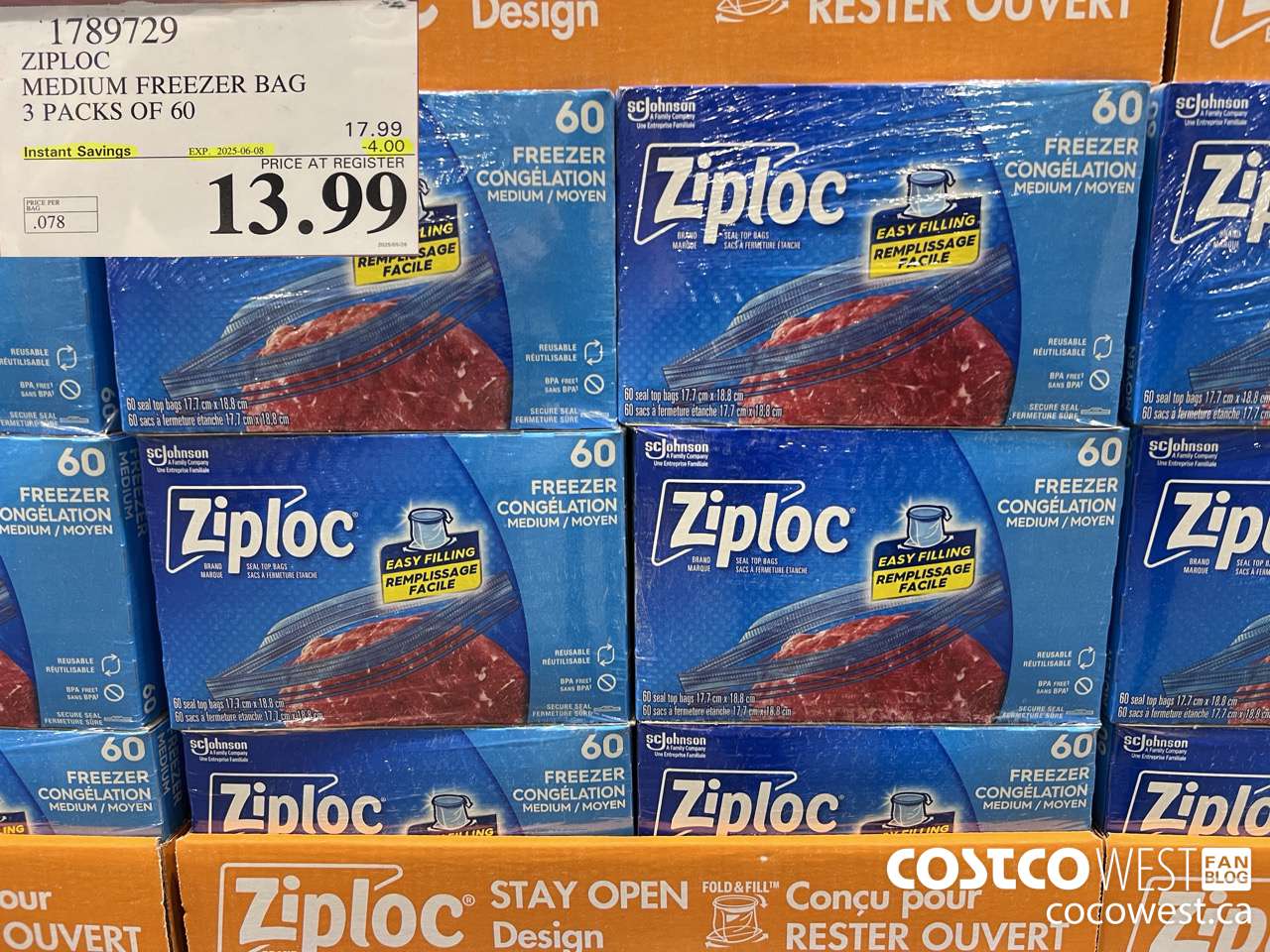 1789729 ZIPLOC MEDIUM FREEZER BAG 3 x 60 ($4.00 INSTANT SAVINGS EXPIRES ON 2025-06-08) $13.99