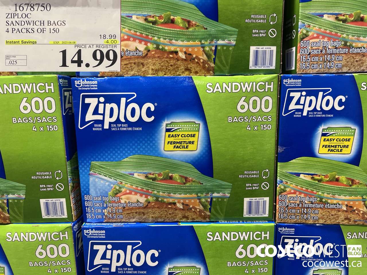 1678750 ZIPLOC SANDWICH BAGS 4 X 150 ($4.00 INSTANT SAVINGS EXPIRES ON 2025-06-08) $14.99