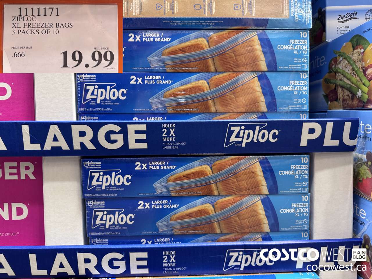 1111171 ZIPLOC XL FREEZER BAGS 3 PACKS OF 10 $19.99