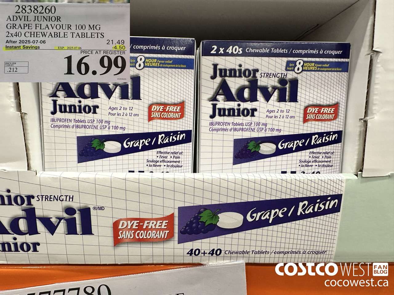 2838260 ADVIL CHEWABLE TABLET GRAPE FLAVOUR 100 MG 2 X 40'S CHEWABLE TABS ($4.50 INSTANT SAVINGS EXPIRES ON 2025-07-06) $16.99