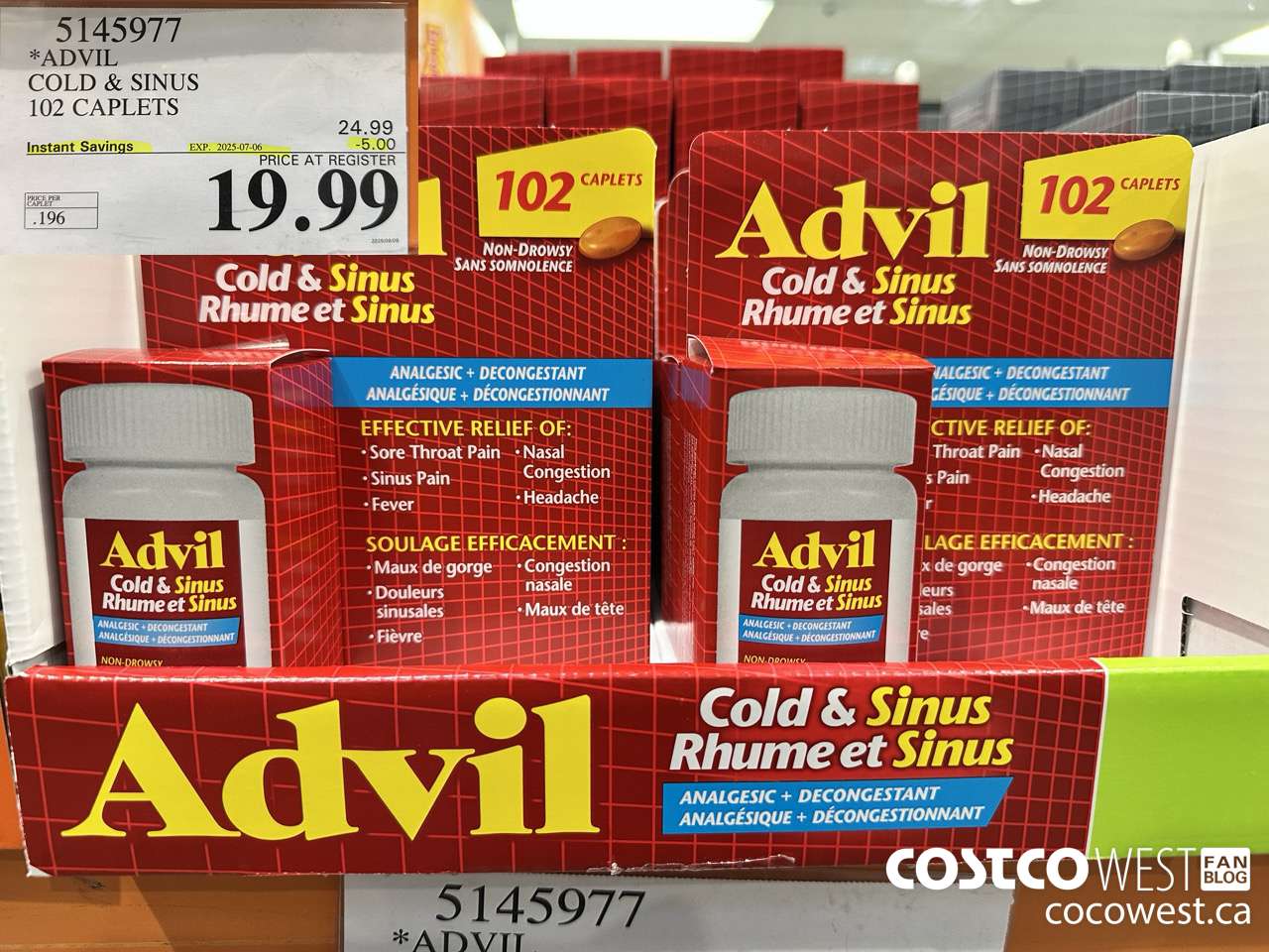 5145977 ADVIL COLD & SINUS 102 CAPLETS ($5.00 INSTANT SAVINGS EXPIRES ON 2025-07-06) $19.99