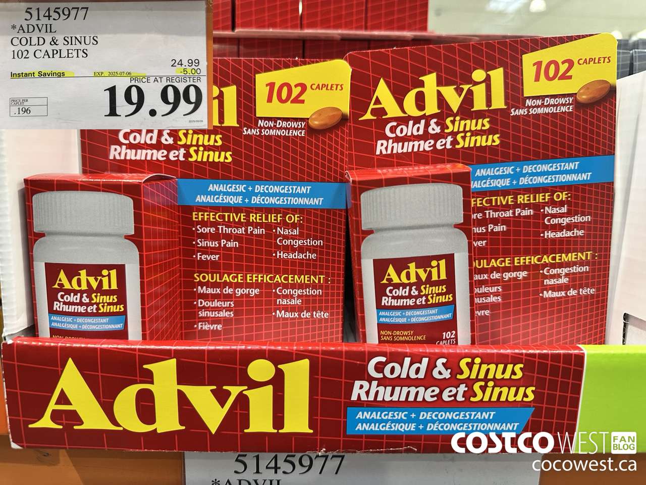 5145977 ADVIL COLD & SINUS 102 CAPLETS ($5.00 INSTANT SAVINGS EXPIRES ON 2025-07-06) $19.99