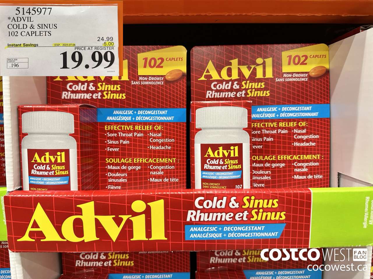 5145977 ADVIL COLD & SINUS 102 CAPLETS ($5.00 INSTANT SAVINGS EXPIRES ON 2025-07-06) $19.99
