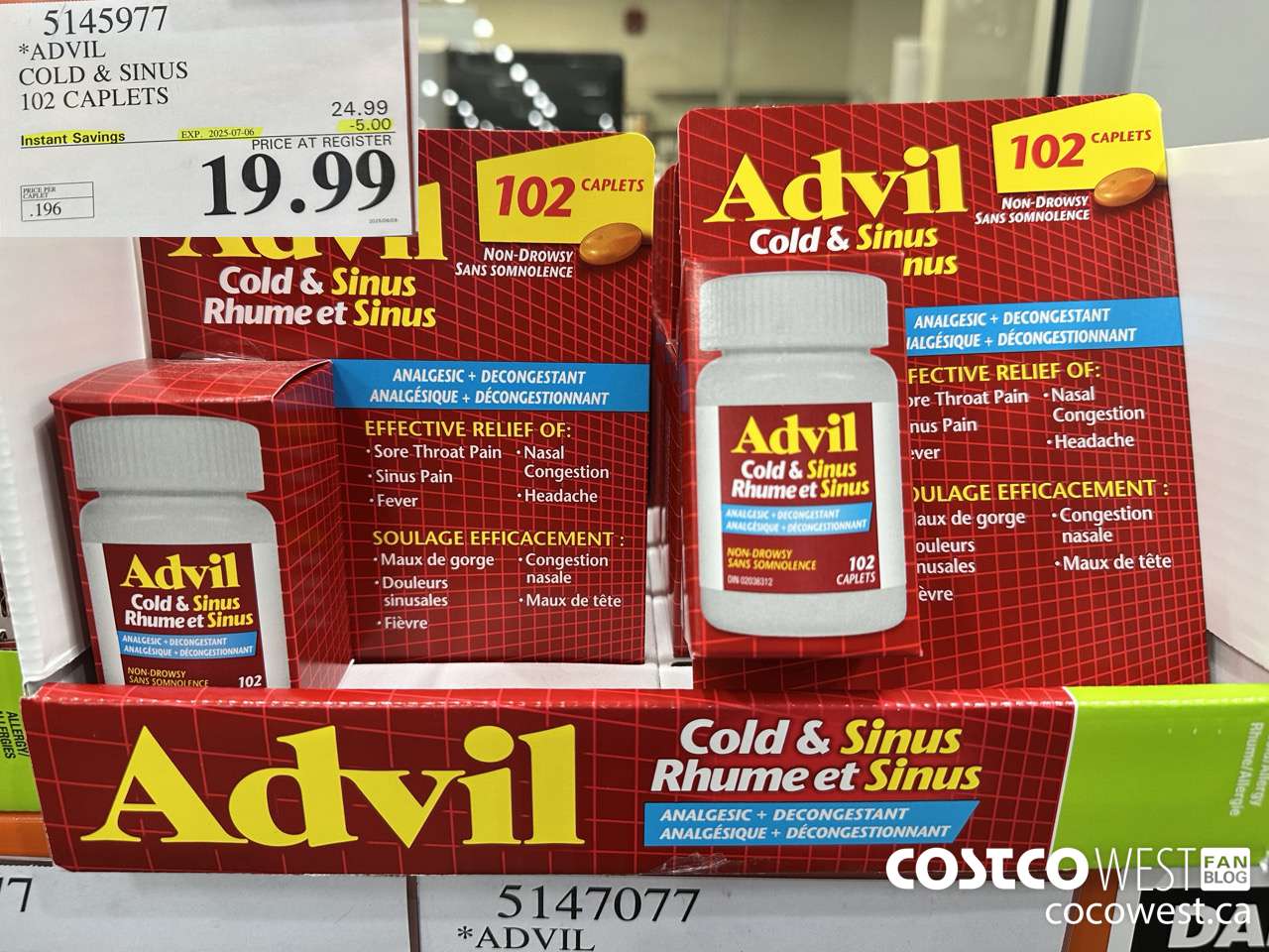 5145977 ADVIL COLD & SINUS 102 CAPLETS ($5.00 INSTANT SAVINGS EXPIRES ON 2025-07-06) $19.99