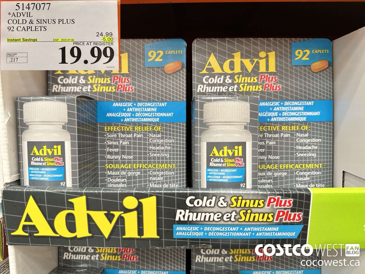 5147077 ADVIL COLD & SINUS PLUS 92 CAPLETS ($5.00 INSTANT SAVINGS EXPIRES ON 2025-07-06) $19.99