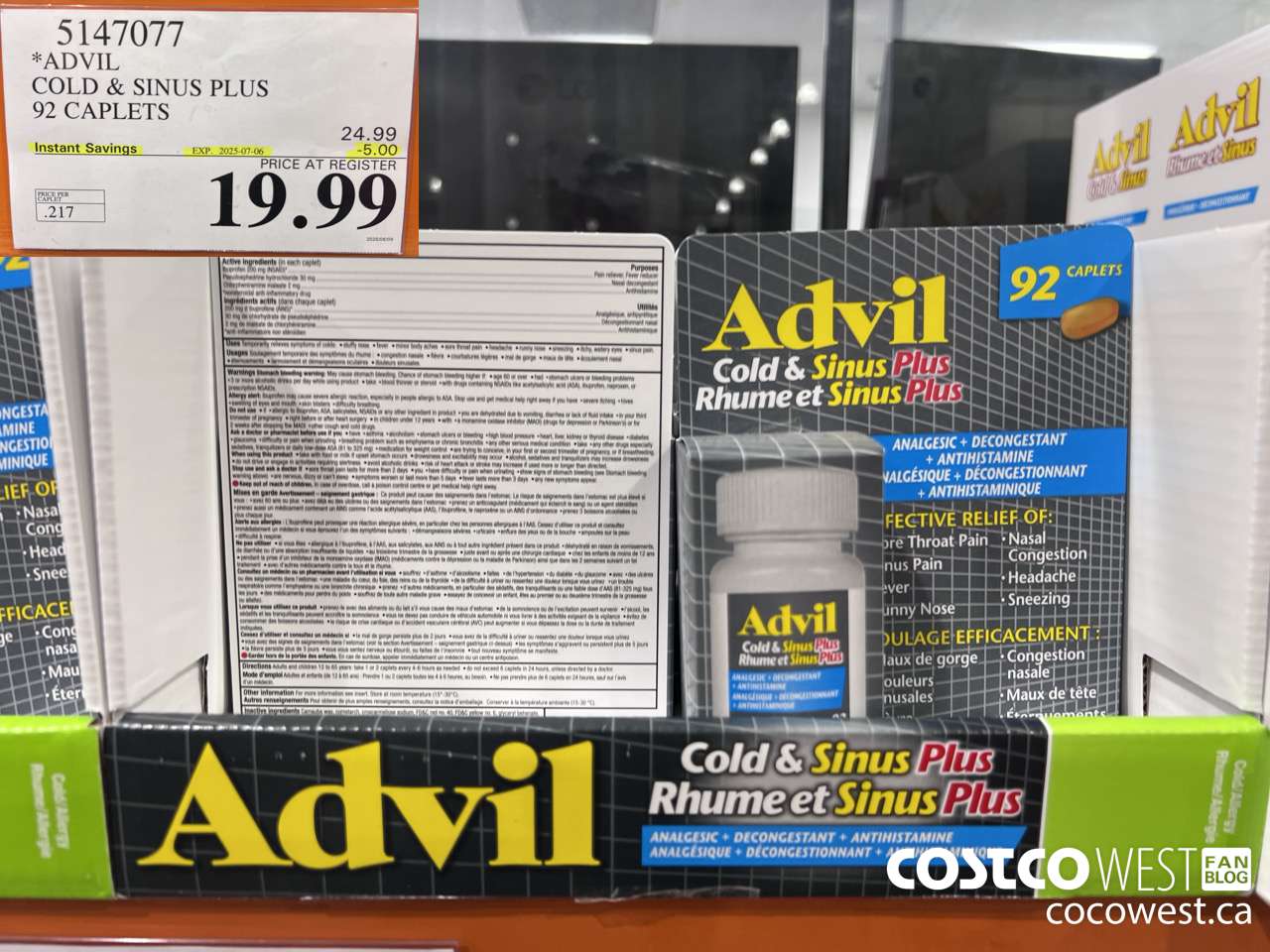5147077 ADVIL COLD & SINUS PLUS 92 CAPLETS ($5.00 INSTANT SAVINGS EXPIRES ON 2025-07-06) $19.99