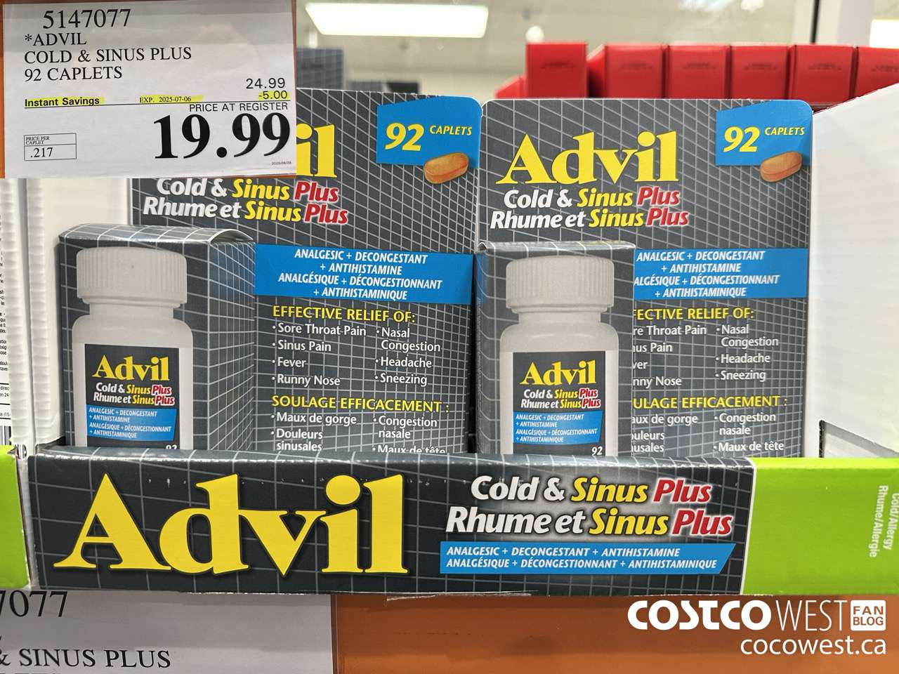 5147077 ADVIL COLD & SINUS PLUS 92 CAPLETS ($5.00 INSTANT SAVINGS EXPIRES ON 2025-07-06) $19.99