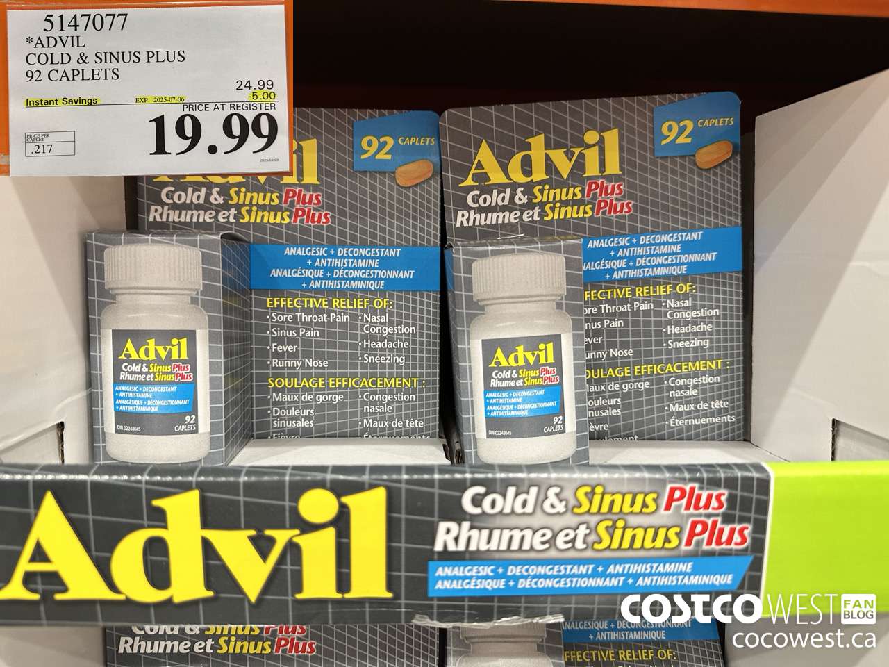 5147077 ADVIL COLD & SINUS PLUS 92 CAPLETS ($5.00 INSTANT SAVINGS EXPIRES ON 2025-07-06) $19.99