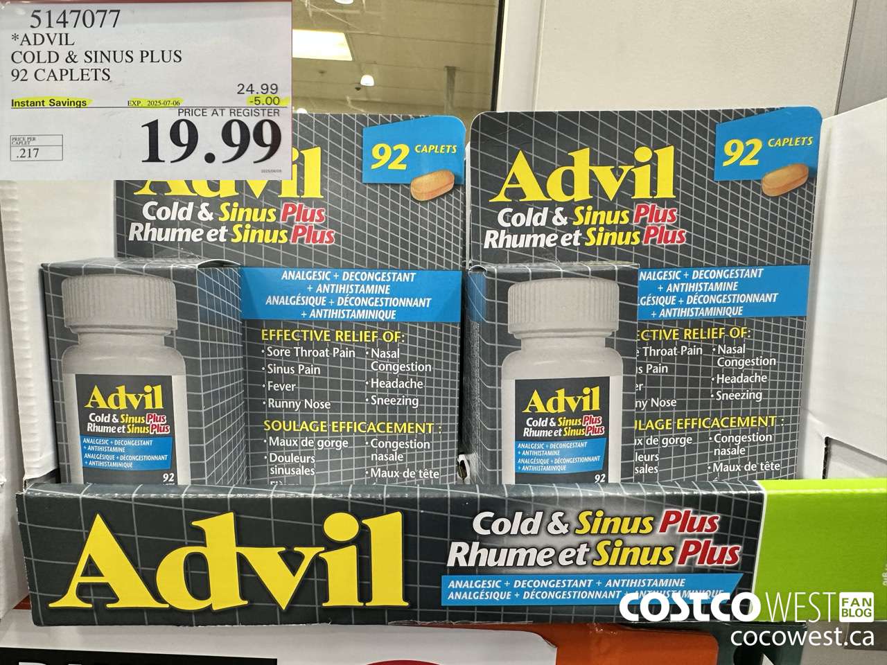 5147077 ADVIL COLD & SINUS PLUS 92 CAPLETS ($5.00 INSTANT SAVINGS EXPIRES ON 2025-07-06) $19.99