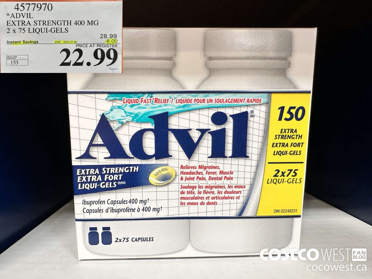 4577970 ADVIL EXTRA STRENGTH 400MG 2 X 75 LIQUI-GELS ($6.00 INSTANT SAVINGS EXPIRES ON 2025-07-06) $22.99